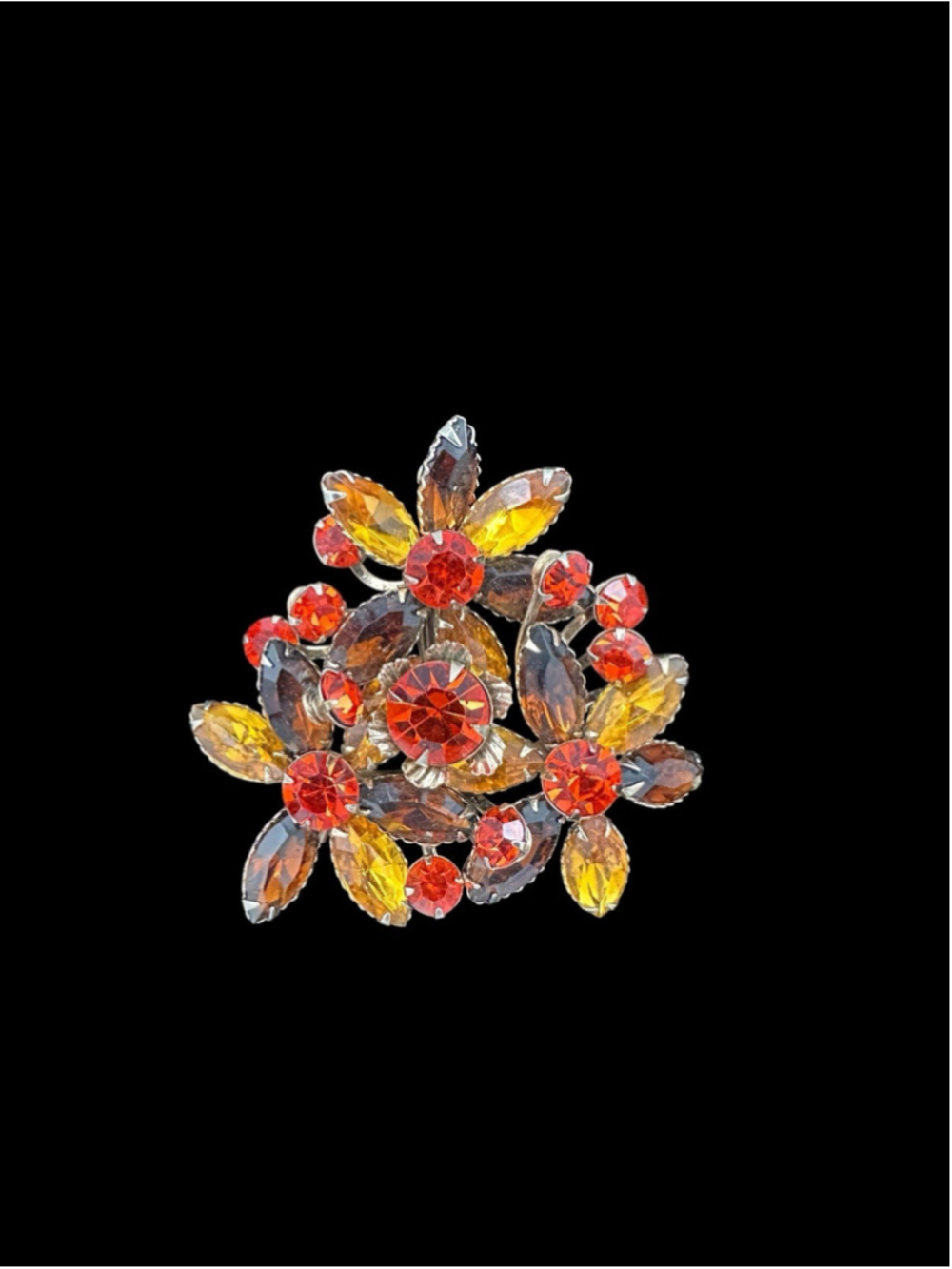 Vintage 1950s Judy Lee Fall Rhinestone Floral Cluster Brooch Pin Amber Orange